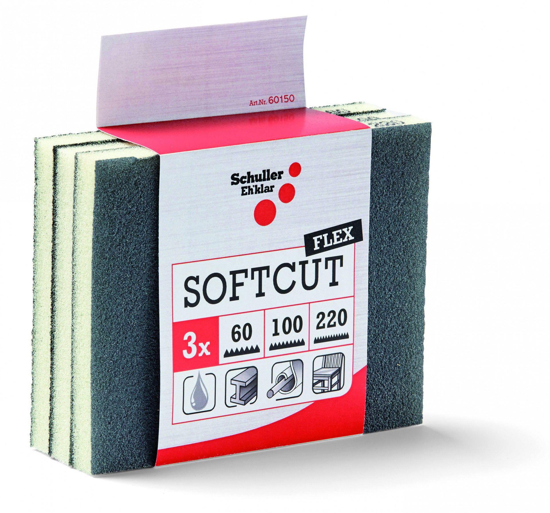 Schuller SOFTCUT FLEX csiszolószivacs készlet, 125 x 100 x 12.5 mm, P60 / P100 / P220, 3 részes termék fő termékképe